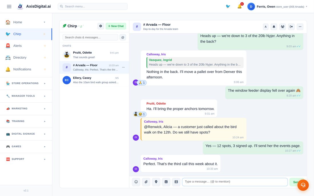 The Chirp desktop console: conversation list beside an open channel