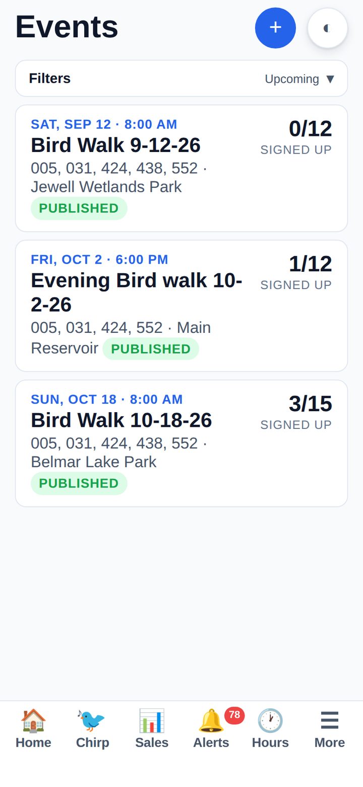 <b>Events</b><br>Bird walks and store events with sign-up counts