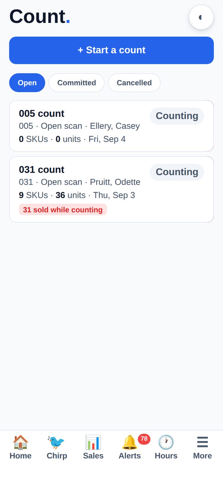 <b>Count sessions</b><br>Open and finished stocktakes