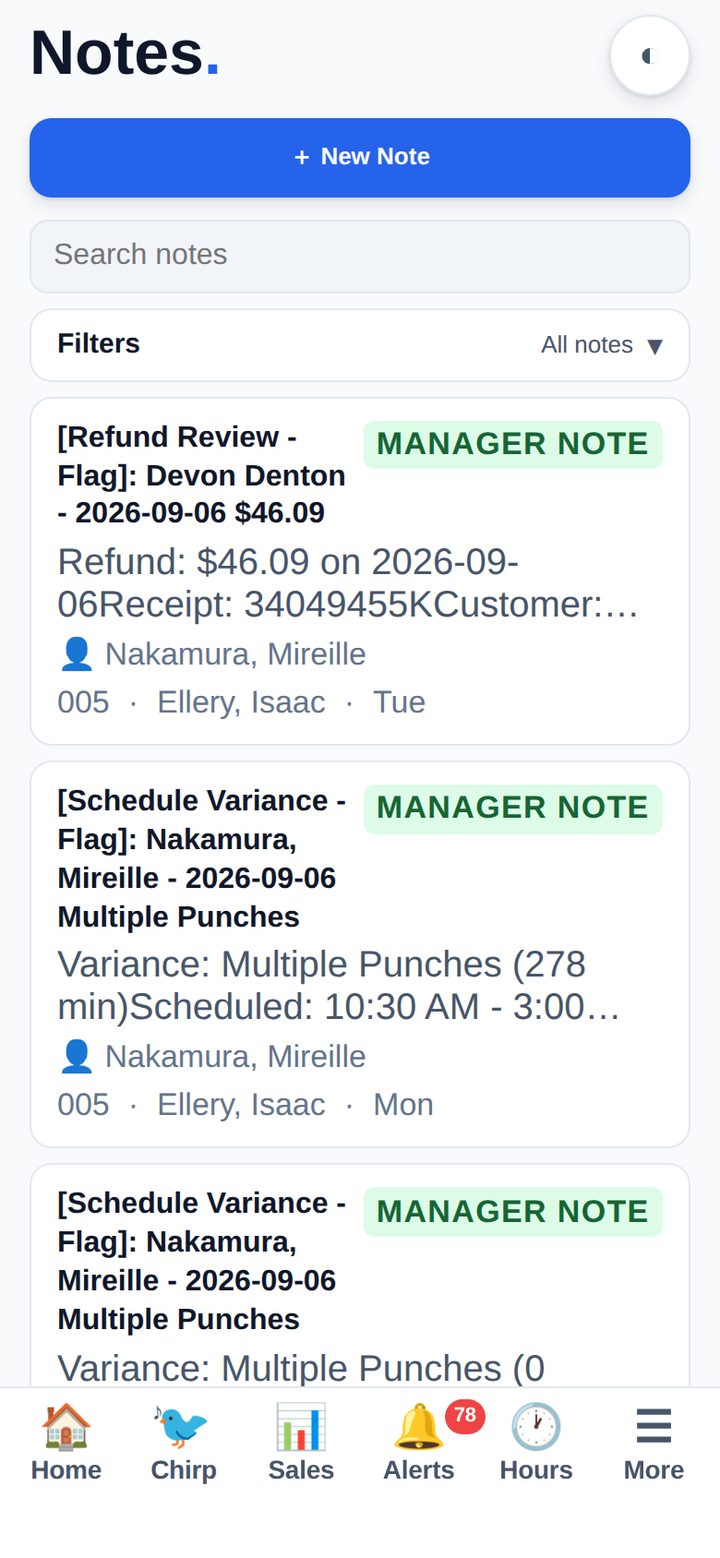 <b>Store notes</b><br>Manager notes, searchable, attached to a store