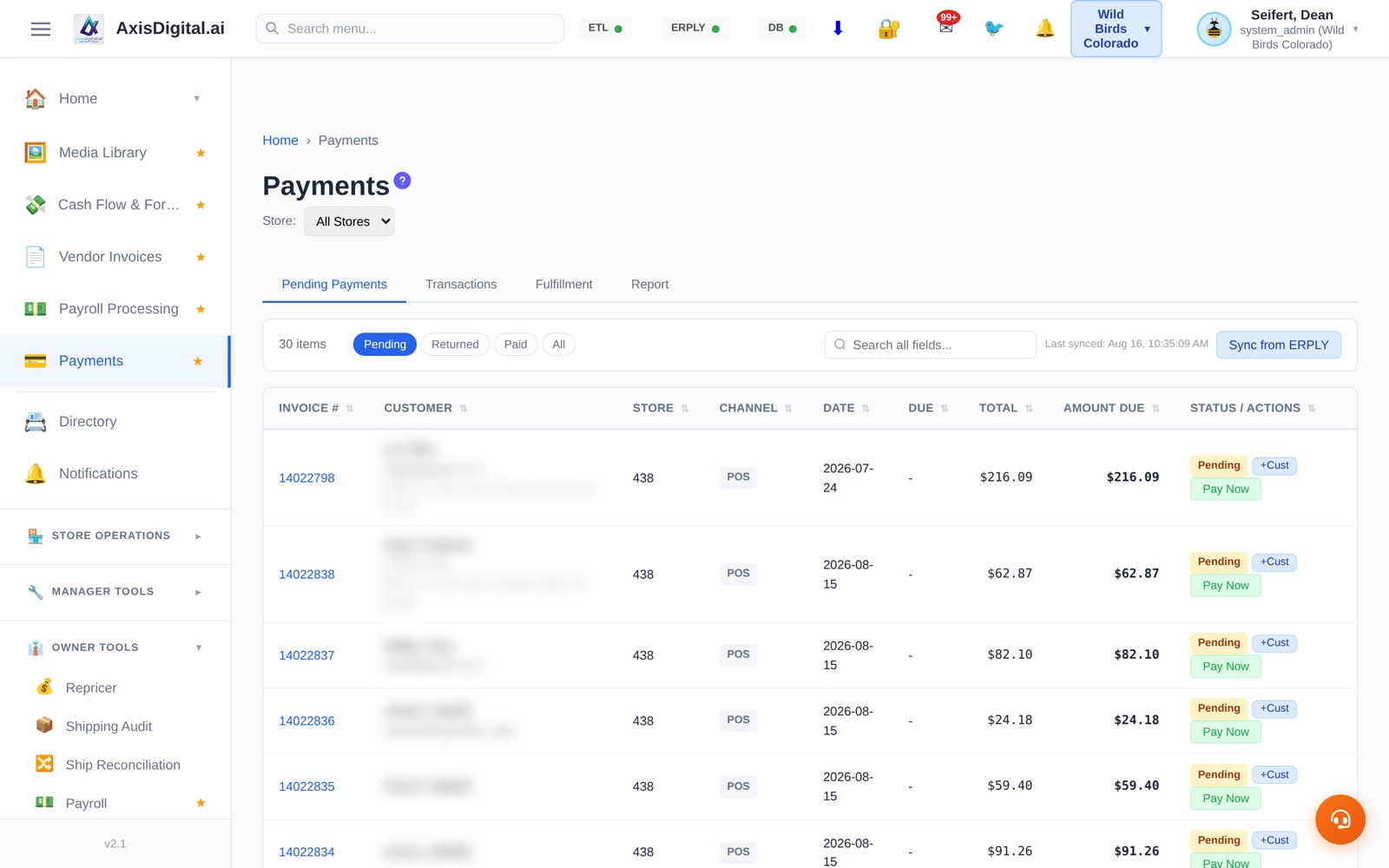 Open invoices, with a Pay Now button on each.