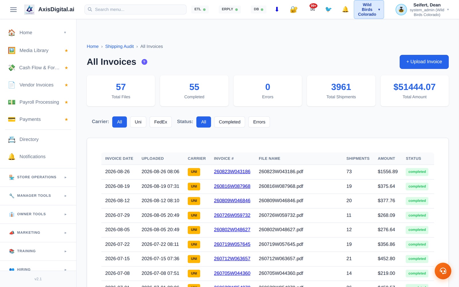 Carrier invoices arrive by email and file themselves.